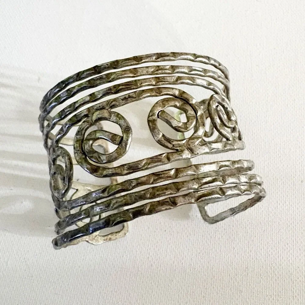 CUFF BRACELET Silver Tone Hammered Open Metal Scroll Style Statement Fashion